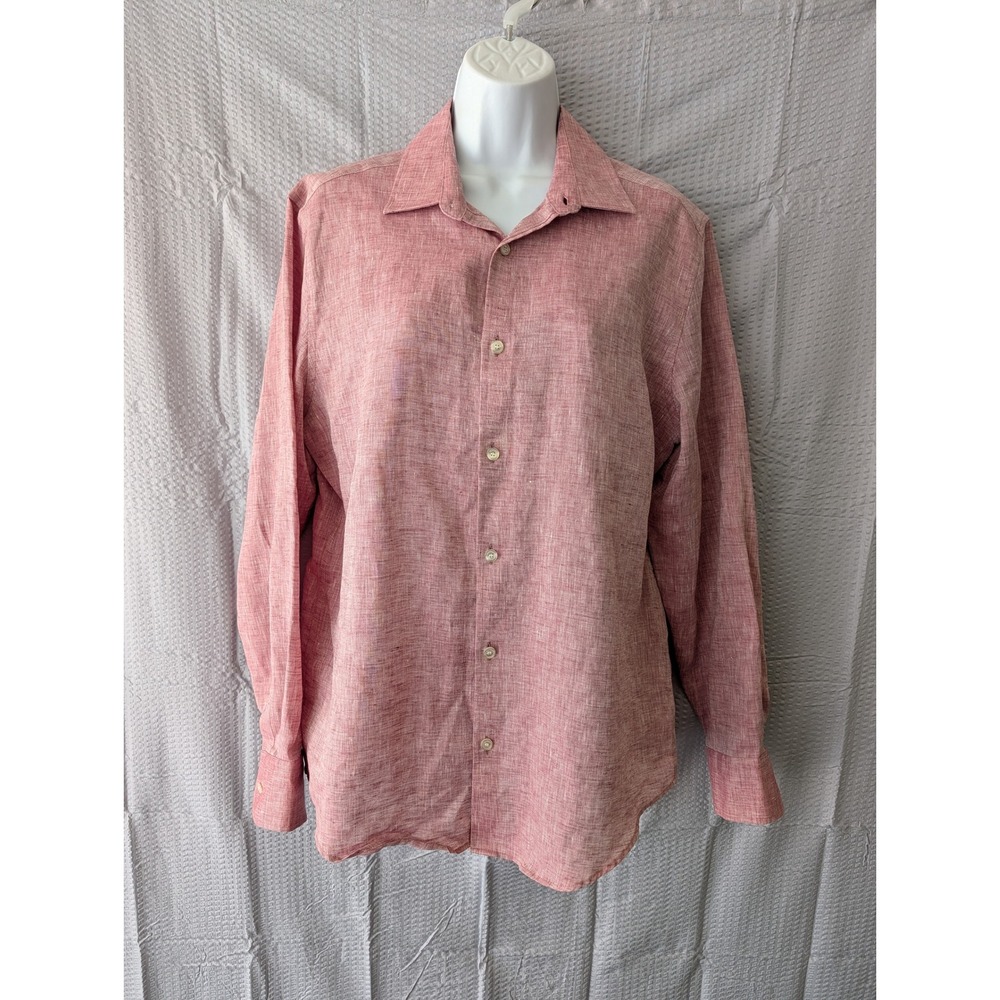 Murano Mens Medium Baird McNutt 100% Linen Non-Iron Button Down Shirt Red Coral